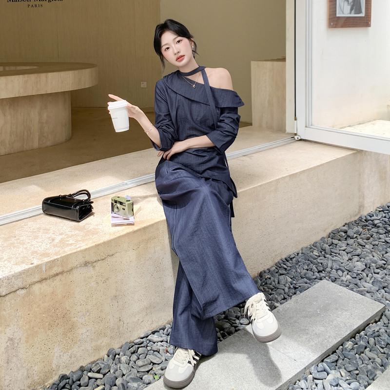 气质飘带露肩上衣休闲裤套装女秋2025新款大方得体流行超火两件套,女装套装/套裙,2C159