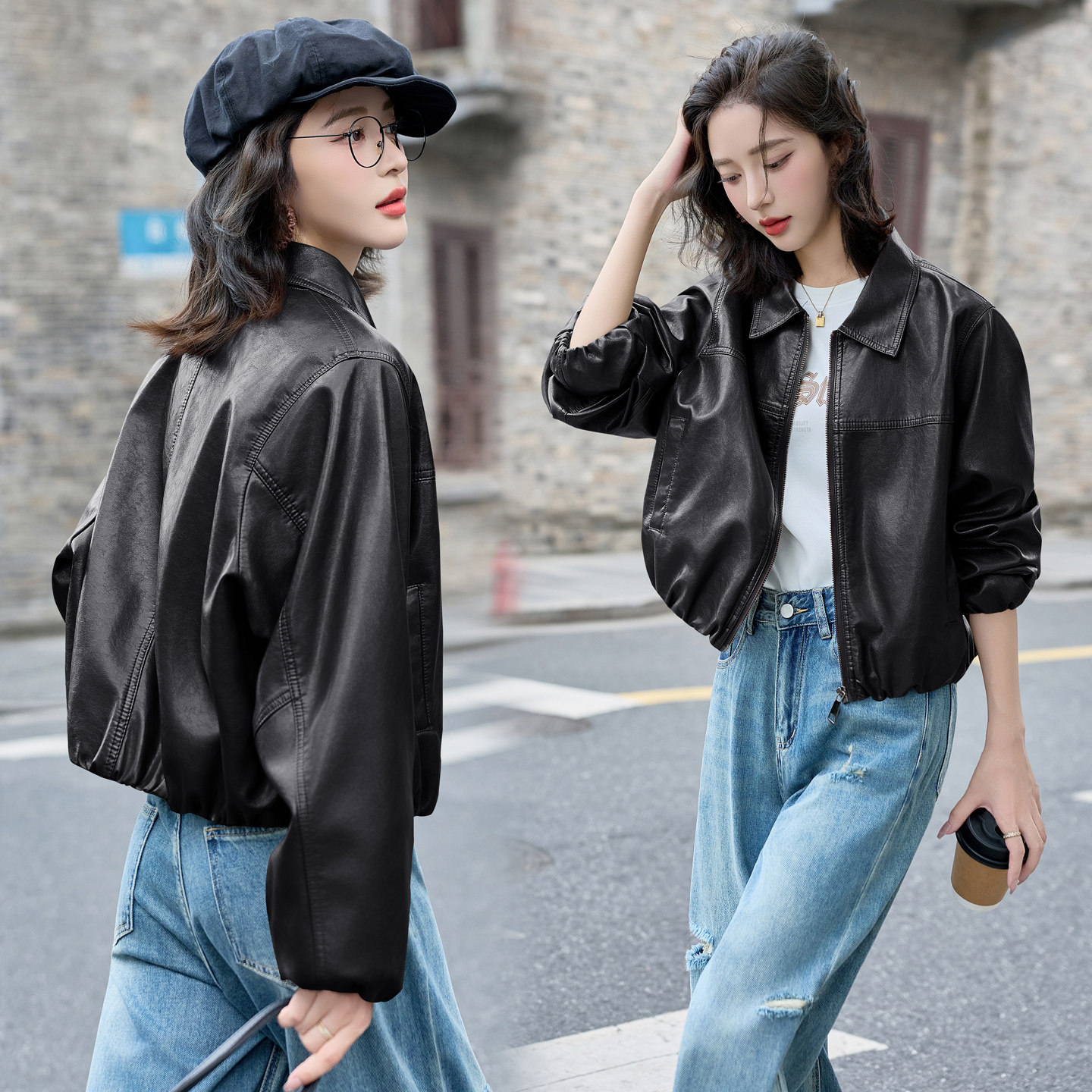 皮衣女2025秋季新款时尚翻领宽松皮外套,女装皮衣,英标秀（1C119）