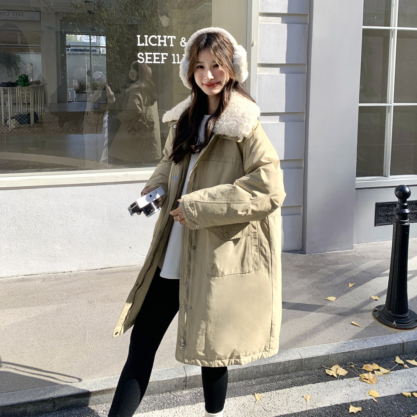 现货！韩系派克服羊羔毛毛领中长款棉服2C212-G206-P235-K358，女装棉衣/棉服，2C212