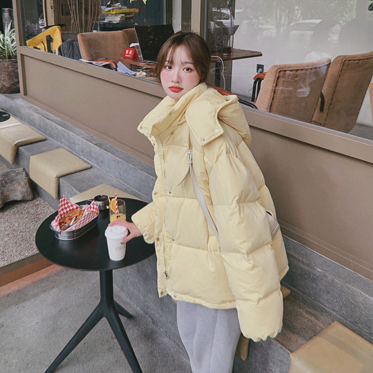 【现货】高品质不跑棉 奶黄色可脱卸连帽面包服083-863-p155-238图片