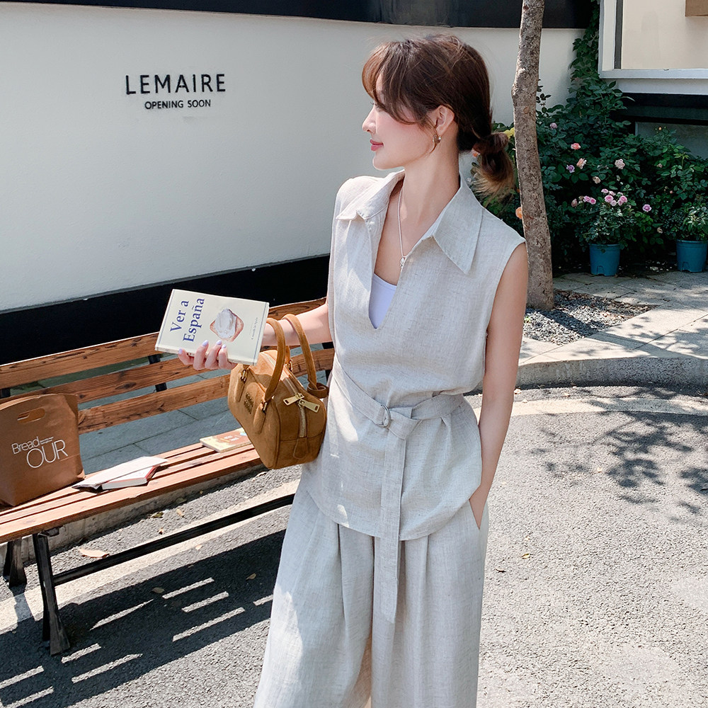 米白色收腰马甲阔腿裤套装女夏2025新款又酷又飒爆款巨好看两件套,女装套装/套裙,2C233