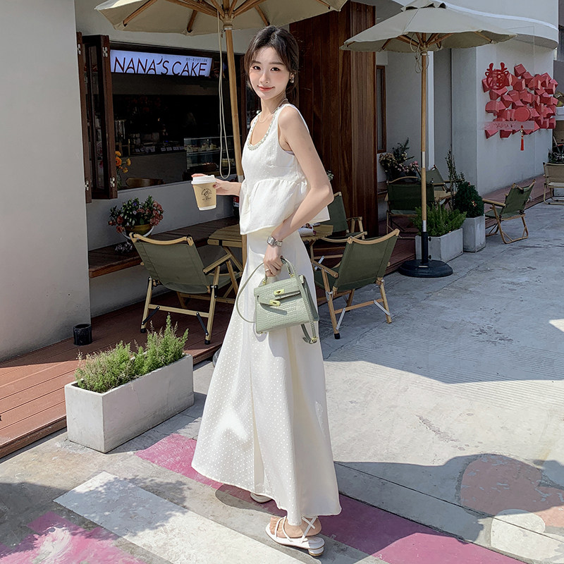 度假修身气质白色半身裙套装女2024夏季新款收腰背心长裙子两件套,女装套装/套裙,2C057