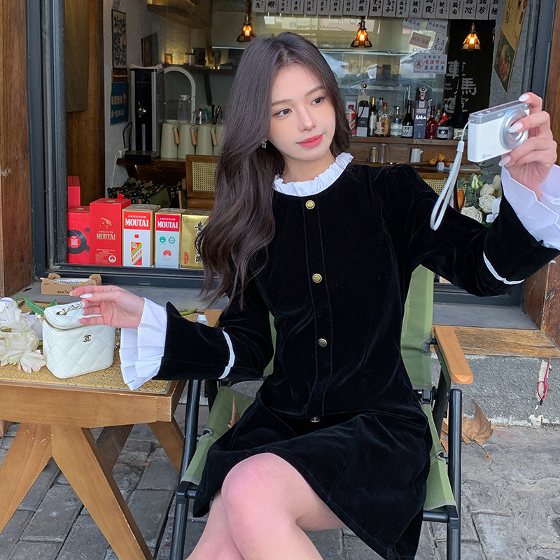 黑色小香风丝绒连衣裙女2024春季新款法式名媛高级感精致气质裙子,女装连衣裙,2D148