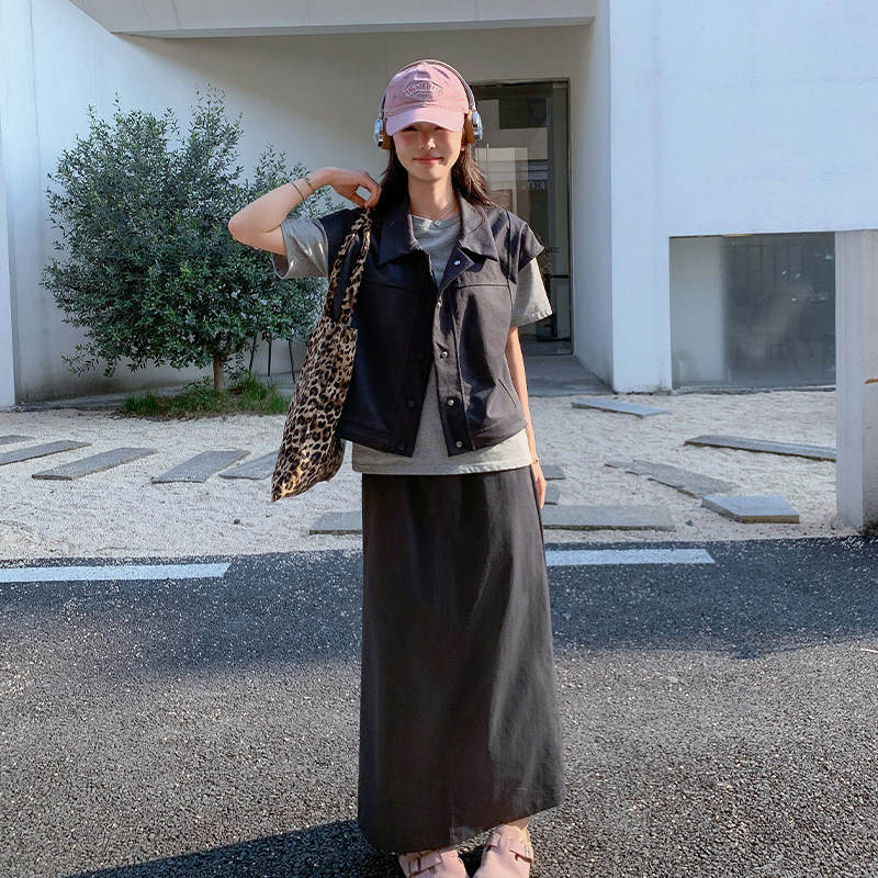 深灰色工装休闲套装裙女2025新款夏季穿搭一整套显瘦半身裙两件套,女装套装/套裙,2D109
