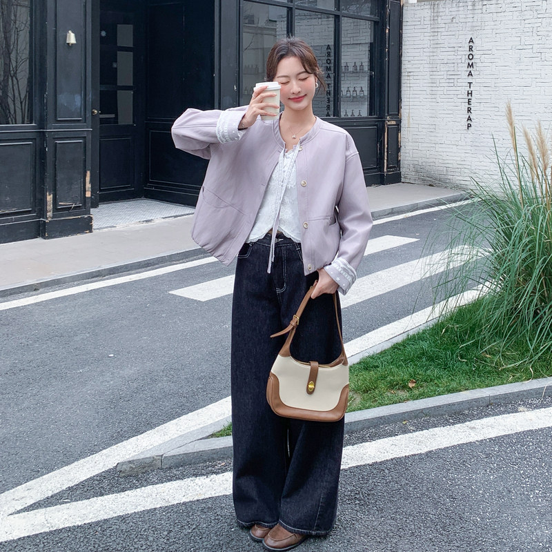 【26现货新款】春拼接短款单排扣圆领皮衣外套,女装皮衣,2C215