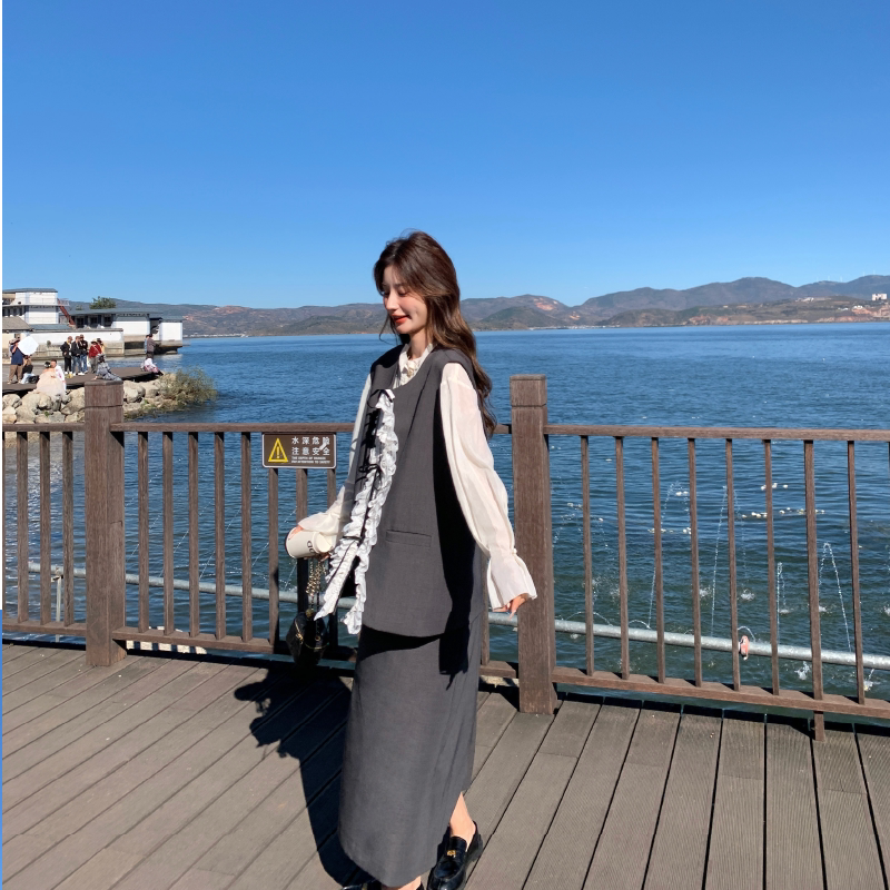 花边拼接灰色西装马甲半身裙套装女春秋2025新款两件套高级感ootd,女装套装/套裙,2D146