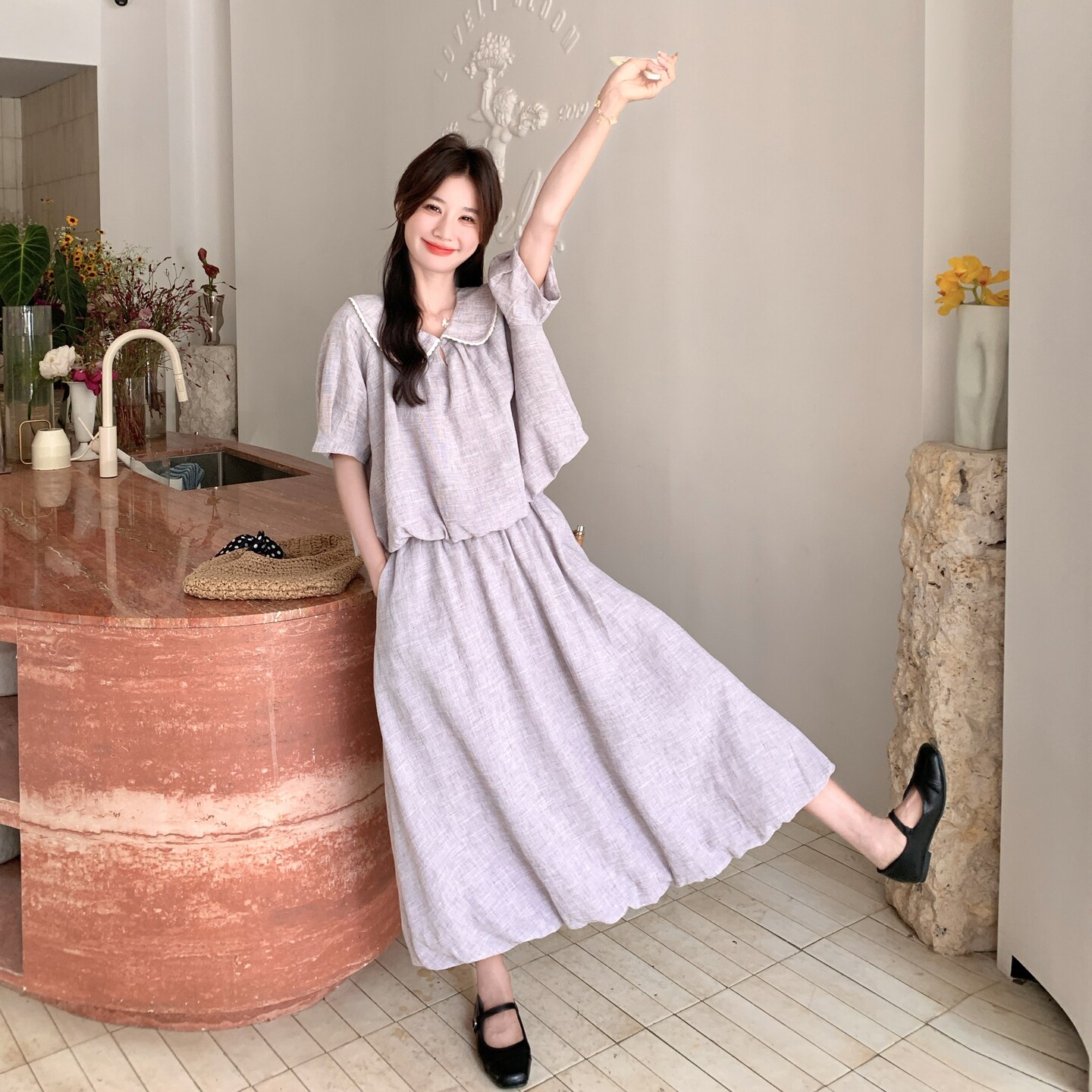 浅紫色法式温柔风巨好看套装裙女2025年夏季新款花苞半身裙两件套,女装套装/套裙,2C012