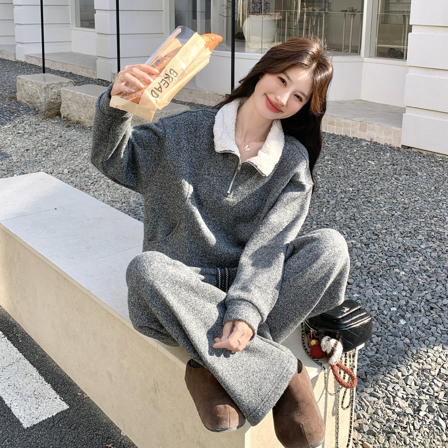 设计感慵懒风灰色加厚卫衣套装女冬季韩系休闲运动保暖加绒两件套,女装套装/套裙,2C166