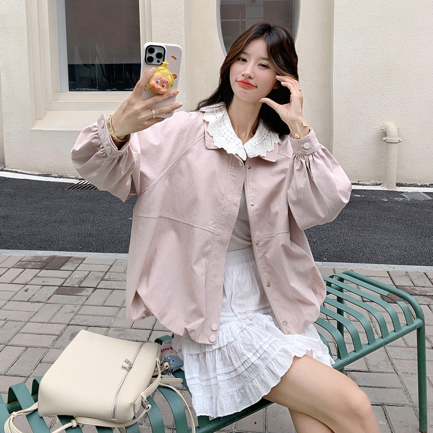 花边领休闲粉色外套女春秋2025新款小个子流行爆款多巴胺超火上衣,女装风衣,2C012