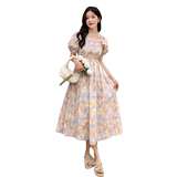 茶歇法式方领泡泡袖碎花连衣裙女夏季2025新款高级感气质收腰长裙，女装连衣裙，2C320