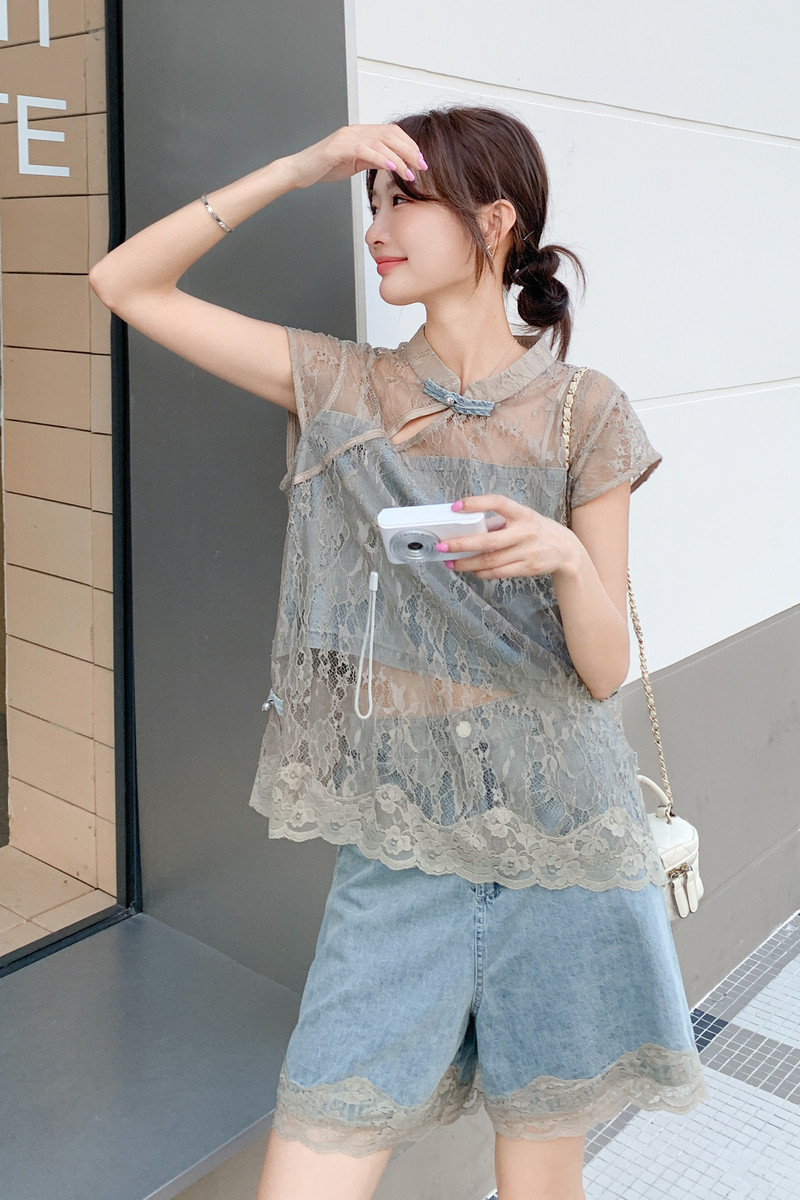 新中式风套装女2025新夏季复古盘扣蕾丝拼接上衣牛仔短裤两件套,女装套装/套裙,2C218