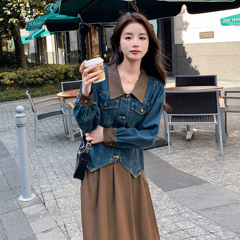 又美又飒气质套装裙女2025秋季新款牛仔外套皮衣半身裙时尚两件套,女装套装/套裙,2C159
