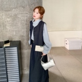 深蓝色马甲套装裙女2025秋季新款显瘦轻熟风长袖衬衫半身裙三件套，女装套装/套裙，2D035