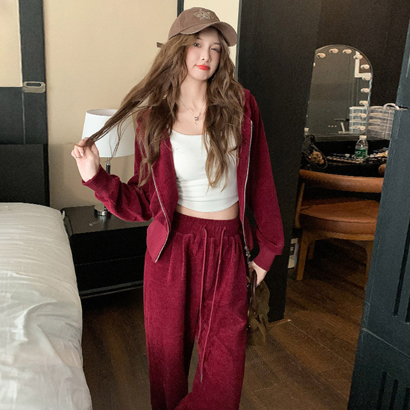 女春连帽拉链开衫阔腿裤两件套,女装套装/套裙,2C310