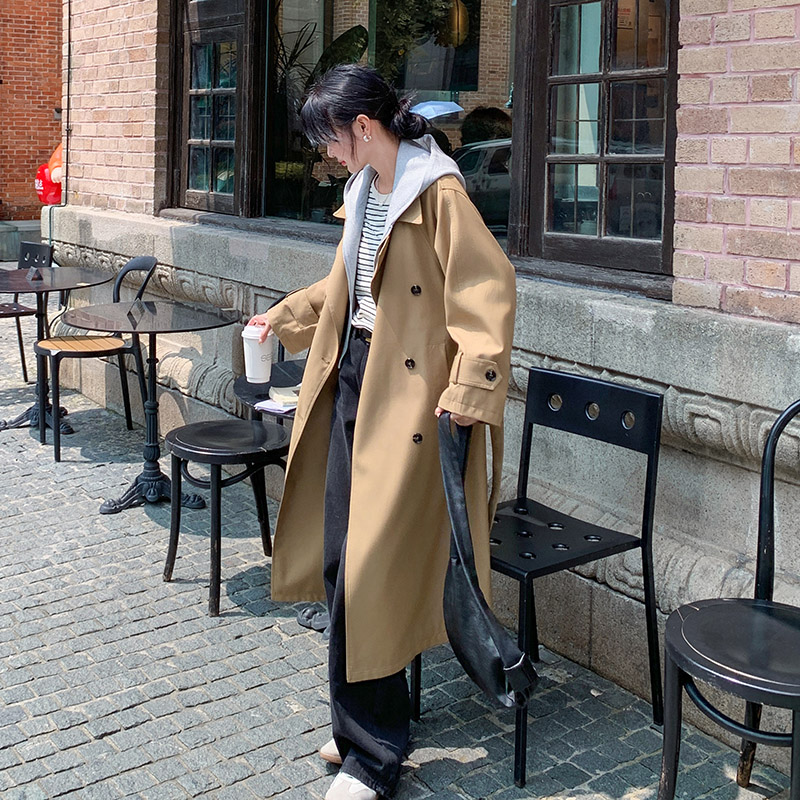 卡其色假两件连帽风衣外套女中长款可拆卸帽休闲秋季过膝大衣,女装风衣,2C238