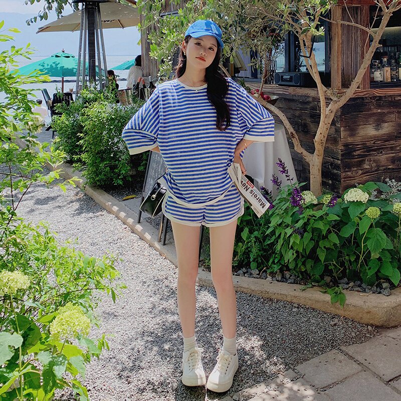 【现货+买家秀】休闲宽松减龄蓝条纹套装088-2385p125控188,女装套装/套裙,2C088