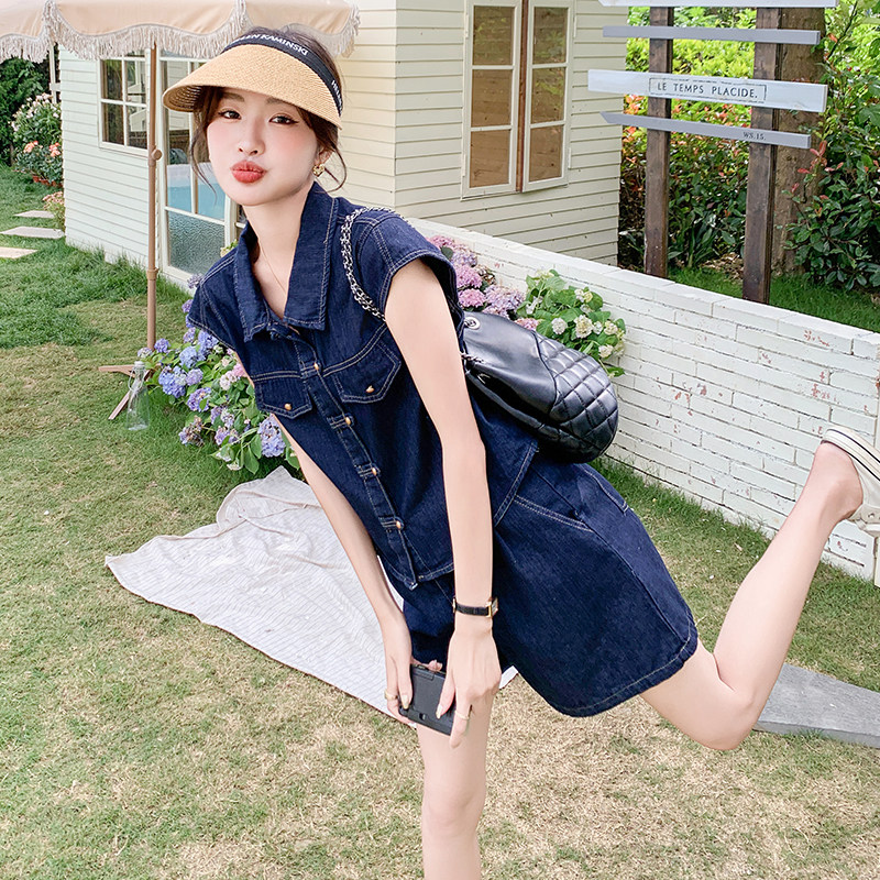 现货附买家秀时尚小飞袖牛仔两件套套装2075款P130控198,女装套装/套裙,2C139