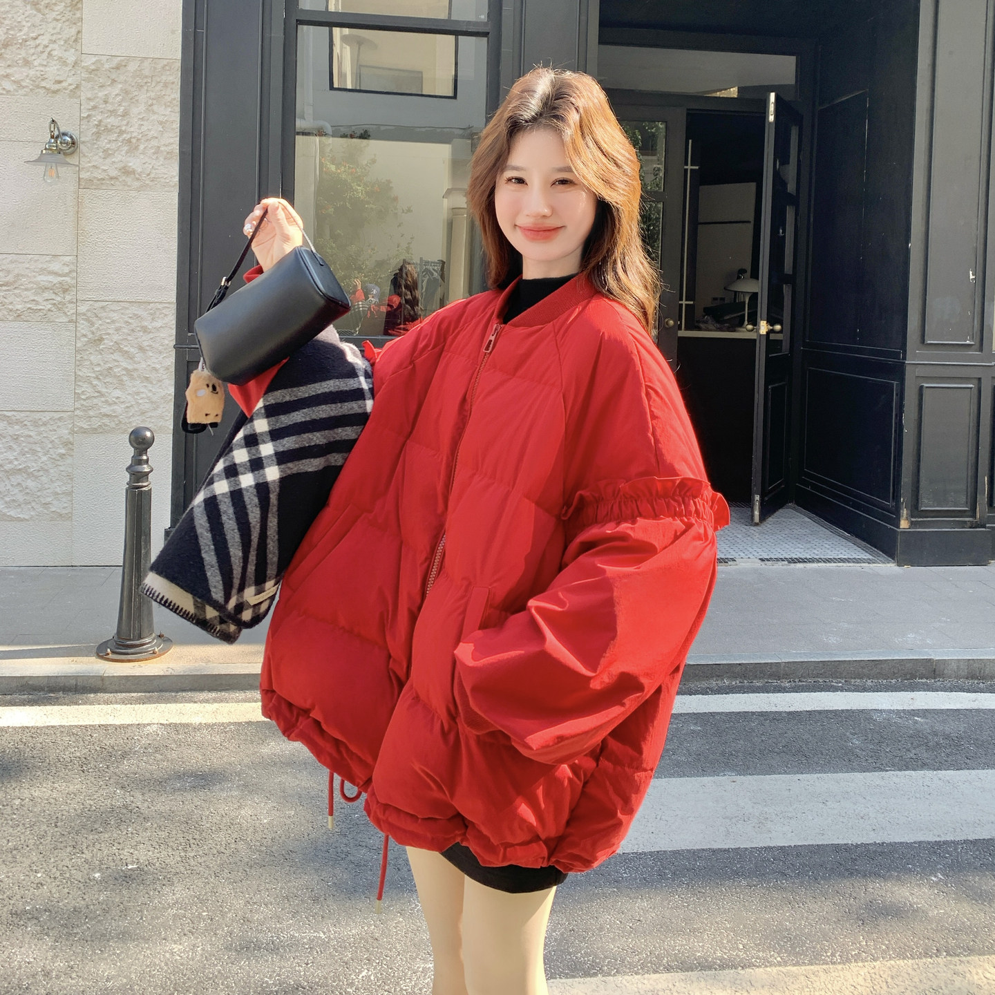 新年红色花边棒球羽绒服女2026新款韩版加厚宽松休闲90白鸭绒外套图片