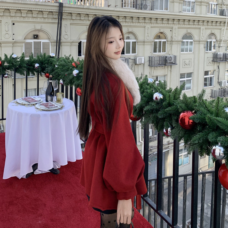 现货新款圣诞款2176-P350-K520双面羊绒真狐狸毛领,女装毛呢外套,2B114