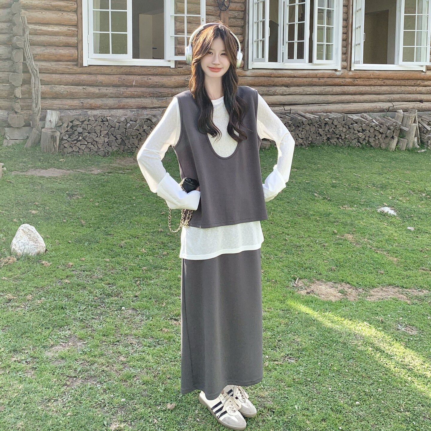 灰色韩系简约休闲马甲套装裙女2025秋季新款长袖T恤半身裙三件套,女装套装/套裙,2C159