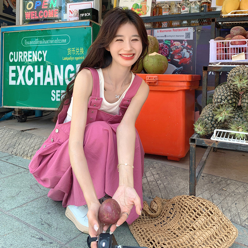 玫粉色韩系背带裙夏季女2024新款减龄学院风宽松洋气长款A字裙潮,女装连衣裙,2C201