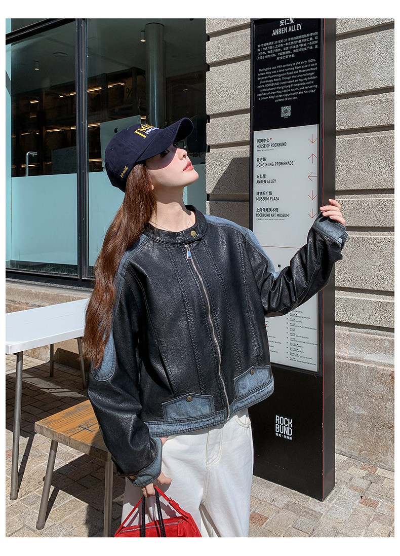牛仔拼接机车皮衣夹克女2025秋季新款美式复古酷飒小个子短款外套,女装短外套,2C291