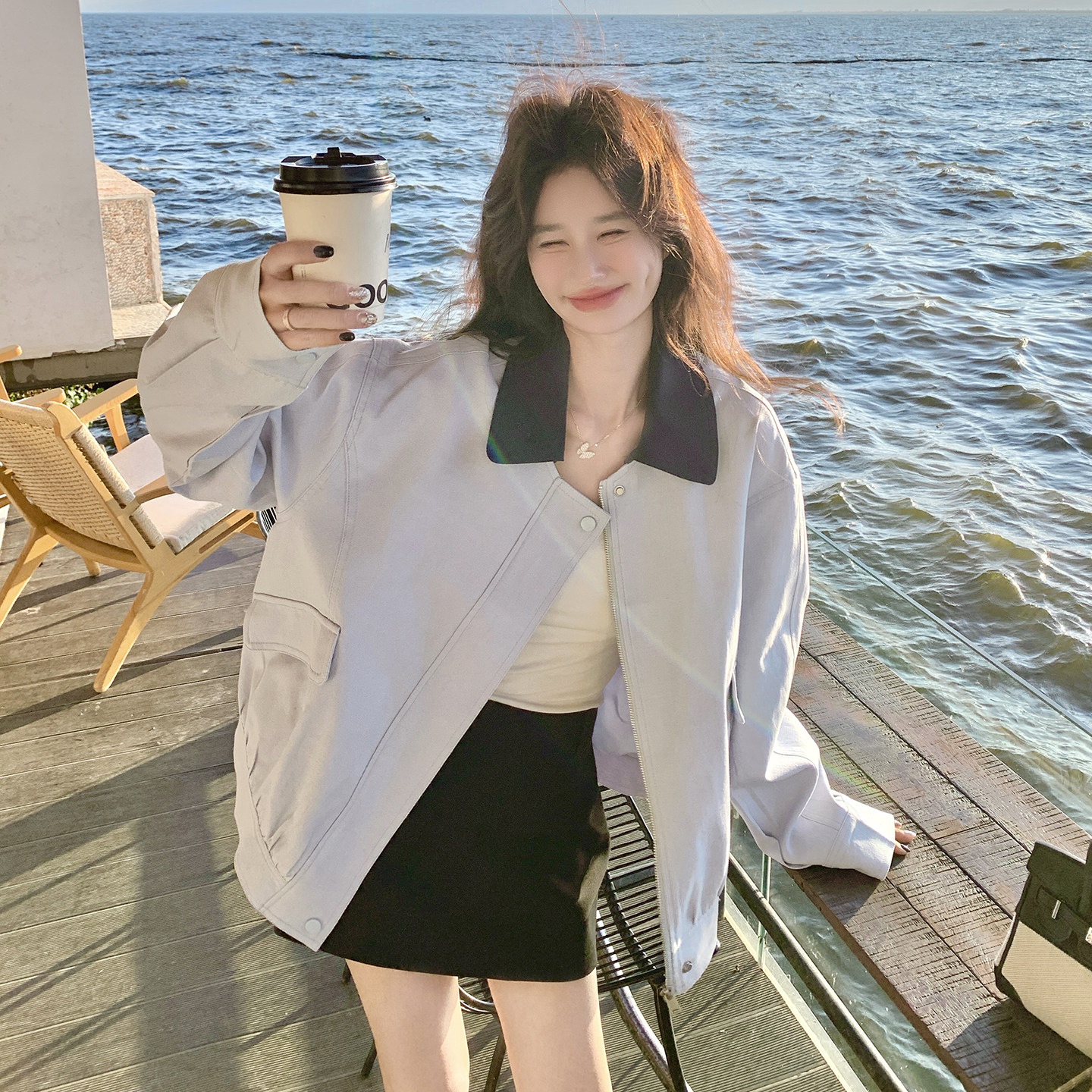 现货新款26春装浅蓝色夹克外套领子可脱卸2B153-7005-P160-K258,女装短外套,2B153