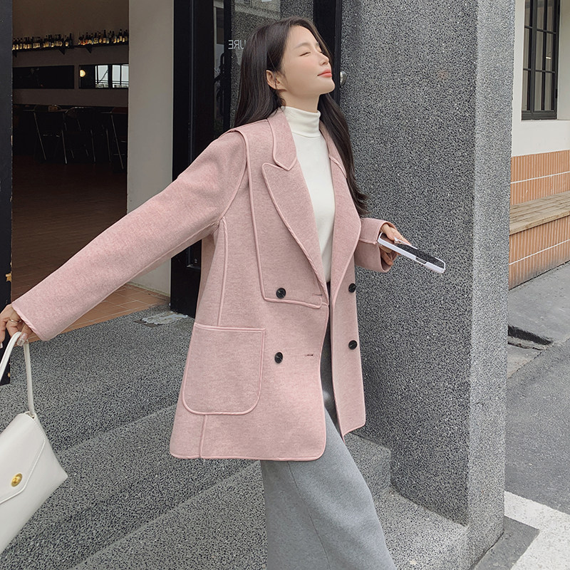 2025冬季新款韩系西装领设计感粉色外女c057-A06-P195-K288,女装毛呢外套,2C057
