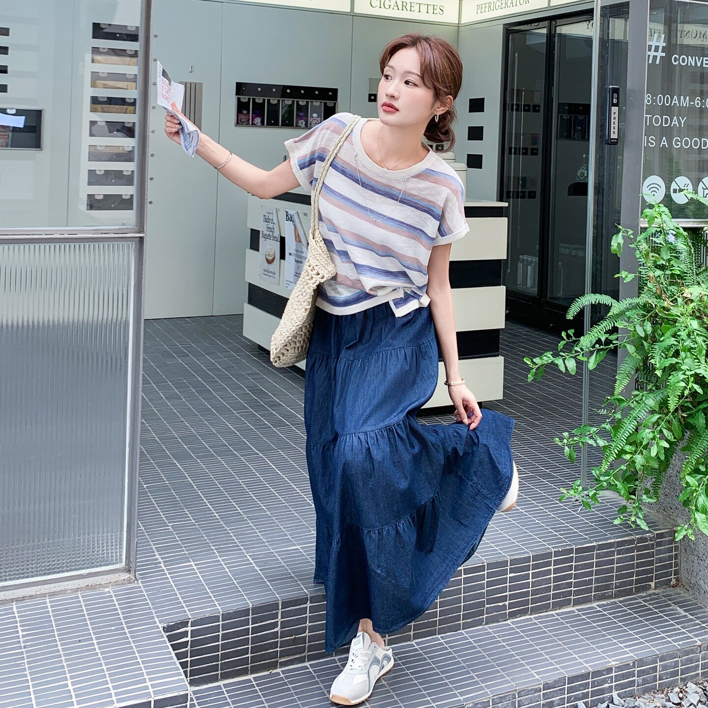 韩系穿搭一整套女夏季新款条纹短袖T恤上衣高腰显瘦半身裙两件套,女装套装/套裙,2C135
