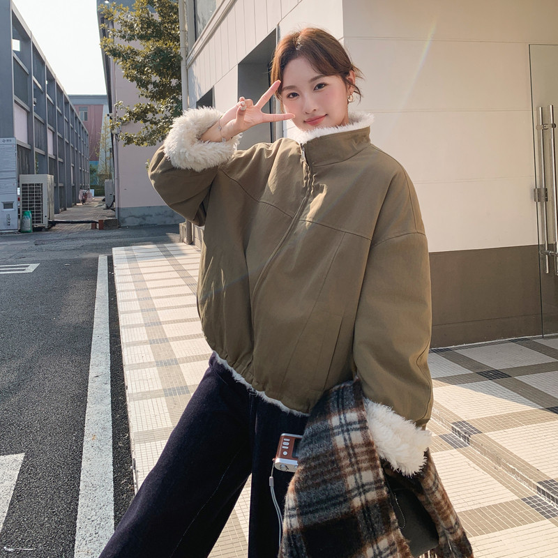 短款派克服女冬季新款韩版休闲时尚拉链仿羊羔毛内里加厚外套夹克图片