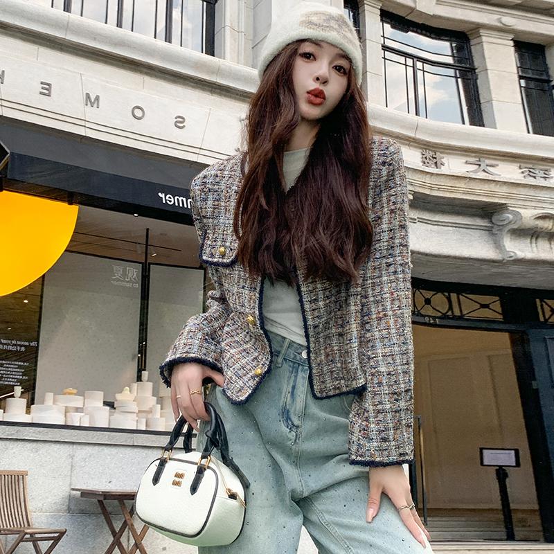 蓝色格子小香风外套女2025秋新款设计感超好看超火气质小个子上衣图片