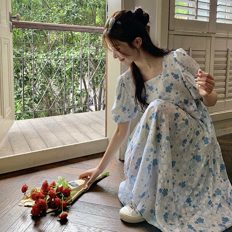 清新风蓝白色小碎花方领连衣裙女夏2025新款乖巧独特漂亮连身长裙,女装连衣裙,2C372