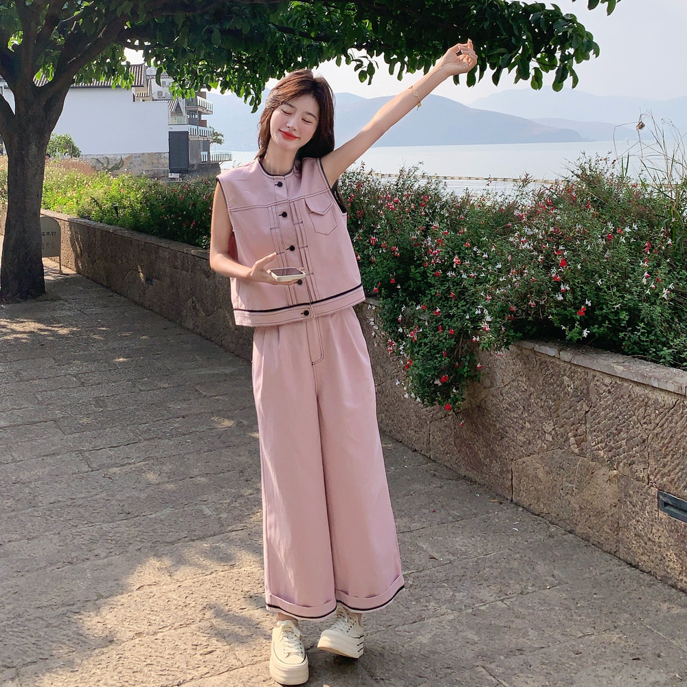 主推！2件套！2025年夏粉色时尚套装牛仔马甲+阔腿裤P175K248,女装套装/套裙,2C320
