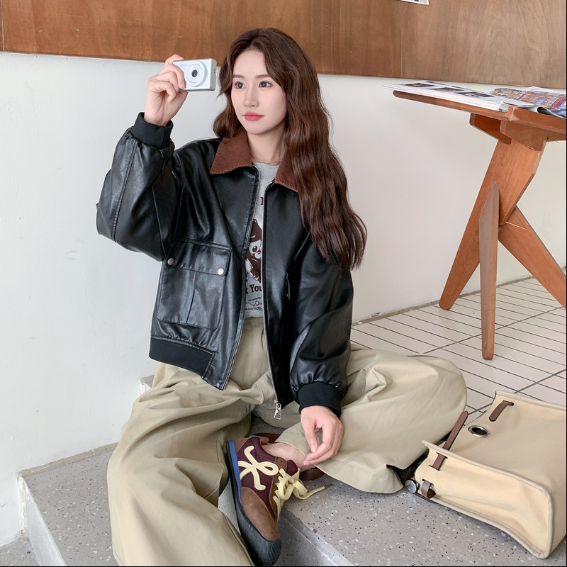 黑色撞色翻领皮衣外套女2025秋季新款韩系复古高级感休闲机车夹克,女装皮衣,2C177
