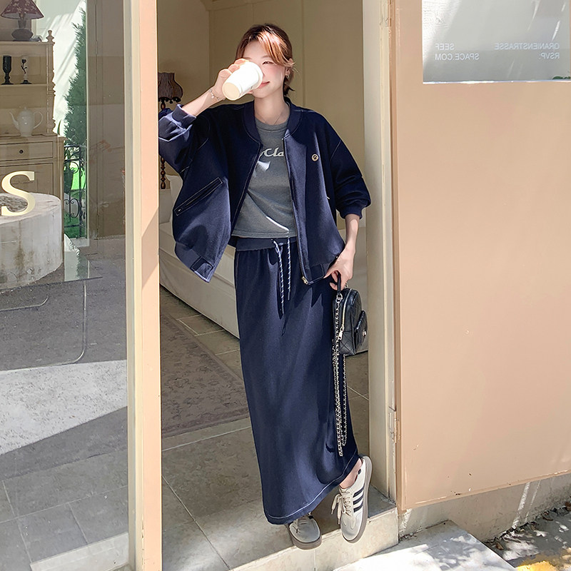 韩系运动风棒球服外套半身裙套装女春秋新款小个子休闲显瘦两件套,女装套装/套裙,2C139