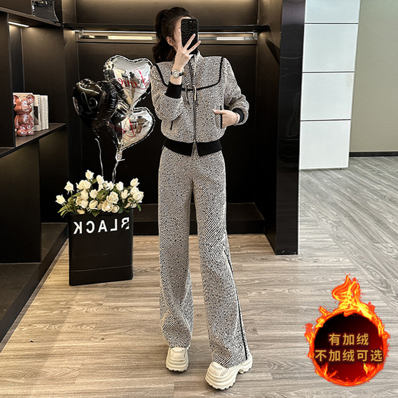 女秋冬新款加绒短款外套直筒裤两件套,女装套装/套裙,2C310