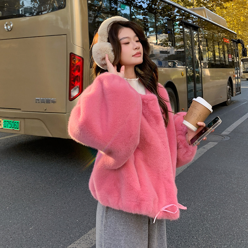 多巴胺粉色水貂绒仿皮草外套女秋冬皮毛一体2C353/8660/P170/K258,女装短外套,2C353