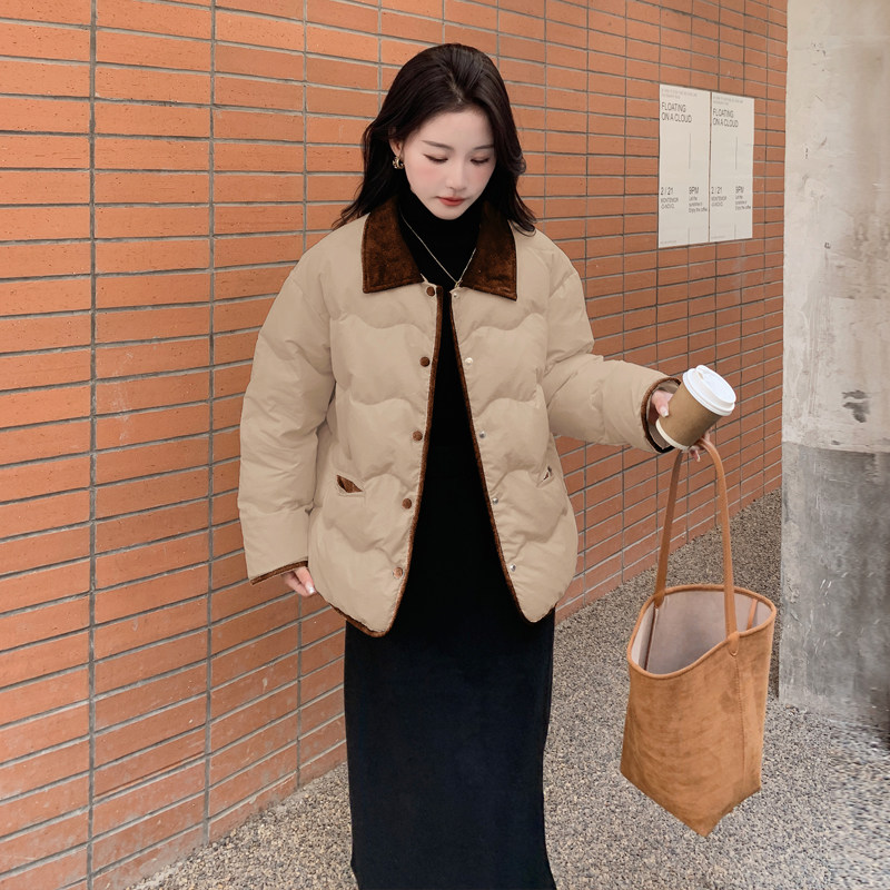 【现货羽绒服】灯芯绒撞色领短款白鸭绒外套211A-M64-P215K328,女装羽绒服,2C158