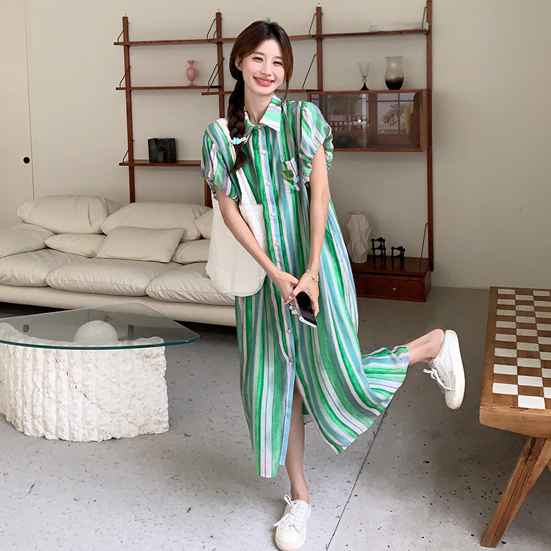 小众气质衬衫连衣裙女2025年夏季新款时尚条纹长裙宽松高级感裙子图片