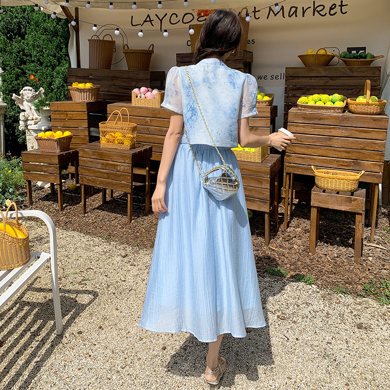 新中式国风盘扣印花上衣套装女2025夏季新款显瘦a字半身裙两件套,女装套装/套裙,2D148