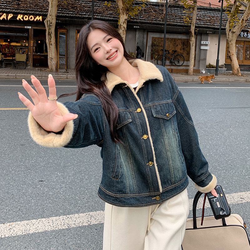 港风复古仿水貂毛牛仔外套女冬季2024新款超好看加绒加厚夹克棉服,女装棉衣/棉服,2C233