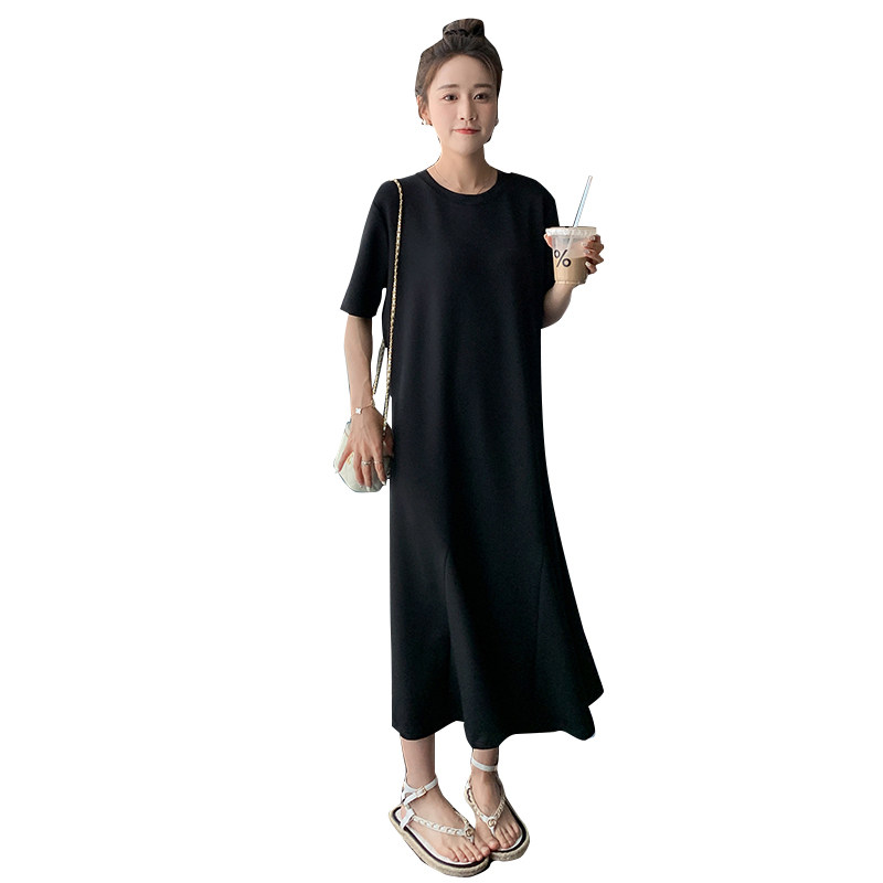 黑色短袖连衣裙女2025夏季新款今年流行宽松显瘦纸片人中长款裙子,女装连衣裙,2D043