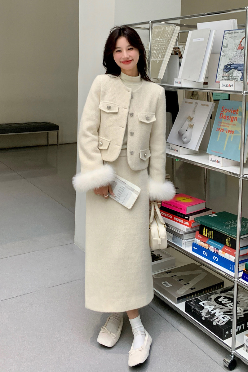 袖口狐狸毛领小香风羽绒服半身裙套装3152-P260-K388,女装羽绒服,2C126