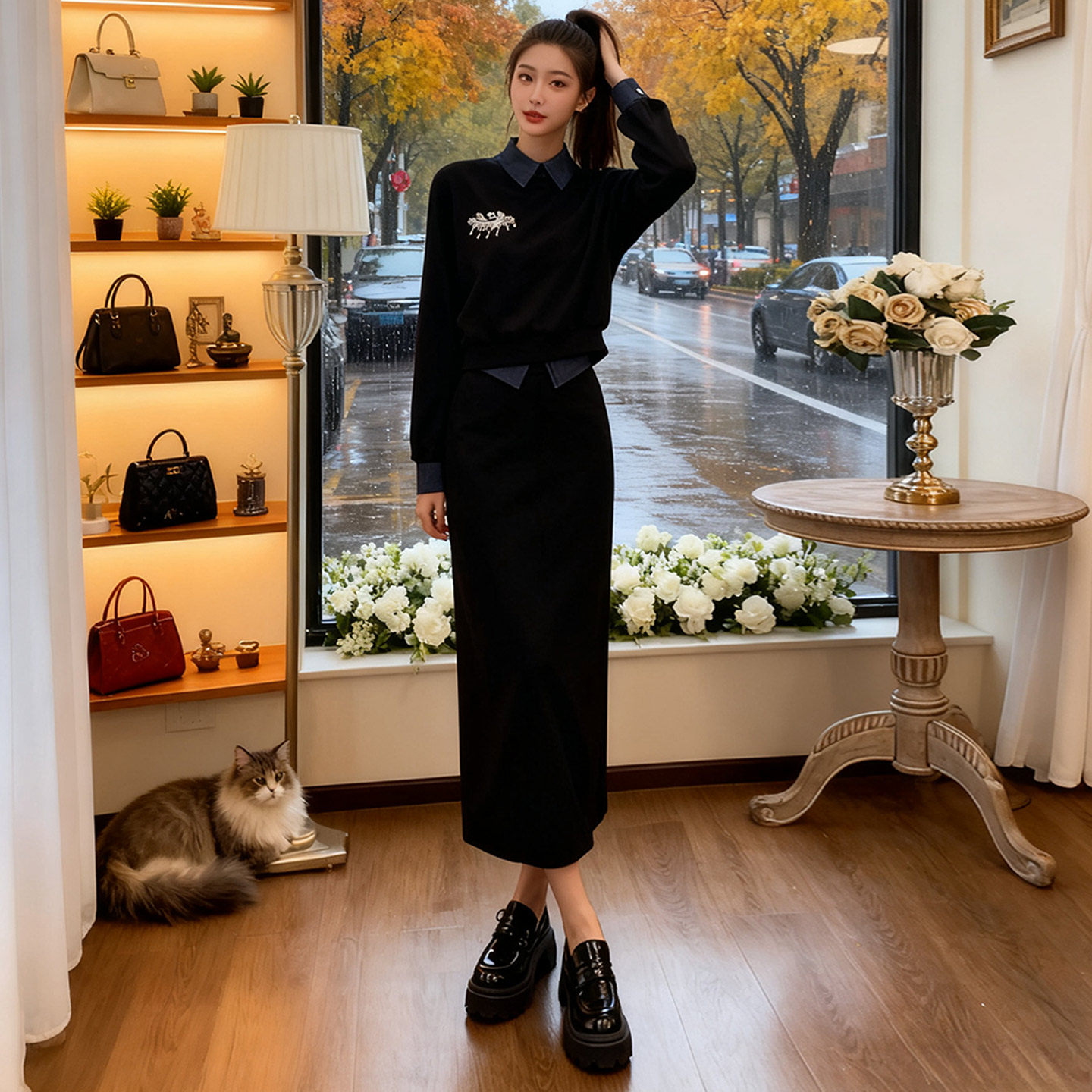 休闲时尚运动套装女秋季新款高级感欧货拼接卫衣半身裙两件套潮流图片