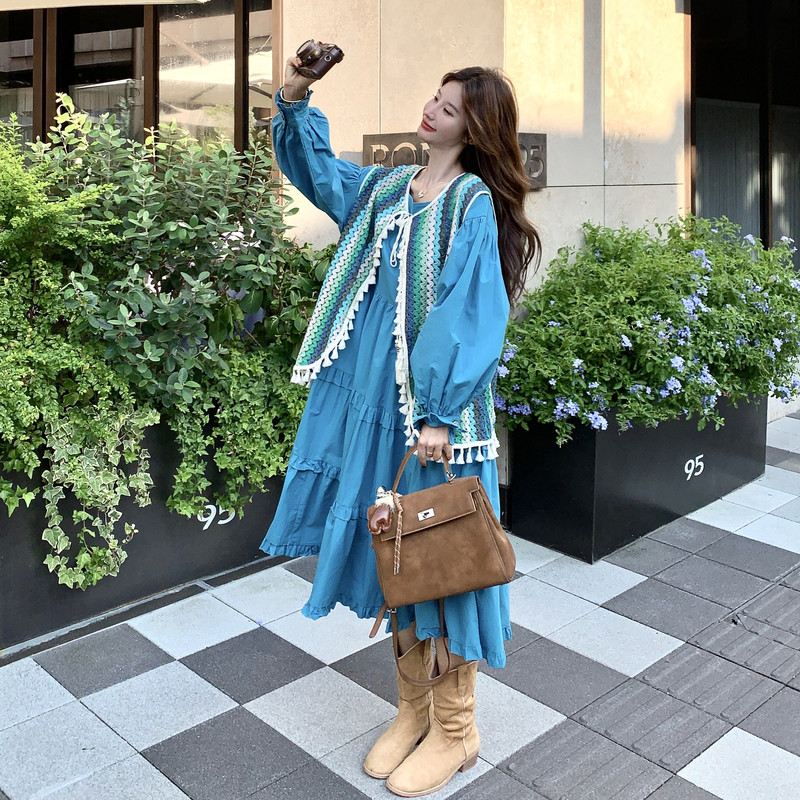 蓝色长袖连衣裙套装女秋季2025新款一整套穿搭马甲开衫长裙两件套,女装套装/套裙,2C056