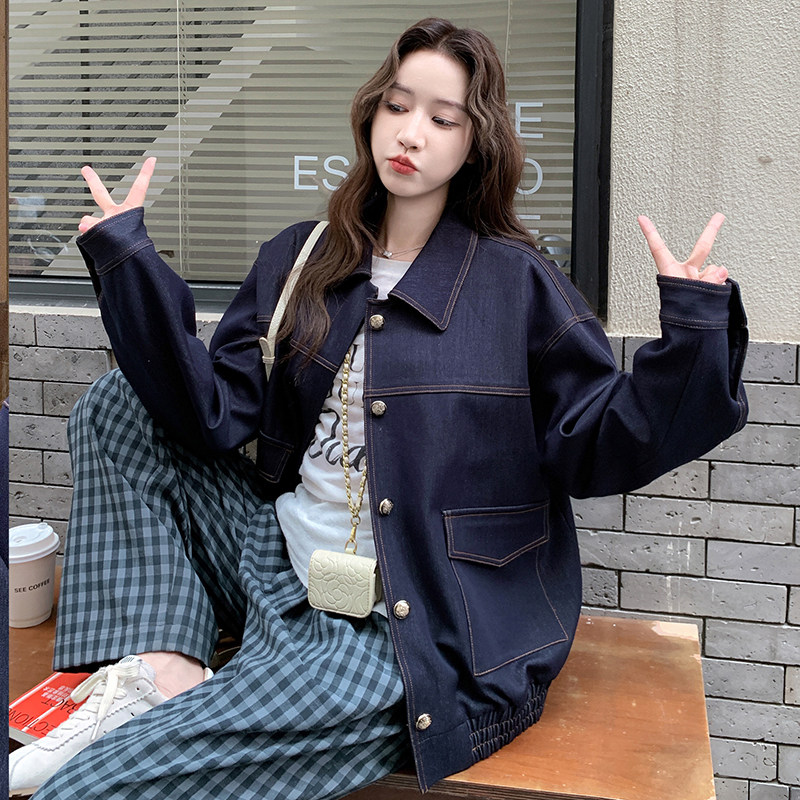 深蓝色仿牛仔翻领外套女2025秋季新款盐系爆款高级感休闲百搭夹克,女装短外套,2D008