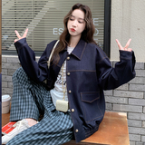 深蓝色仿牛仔翻领外套女2025秋季新款盐系爆款高级感休闲百搭夹克，女装短外套，2D008