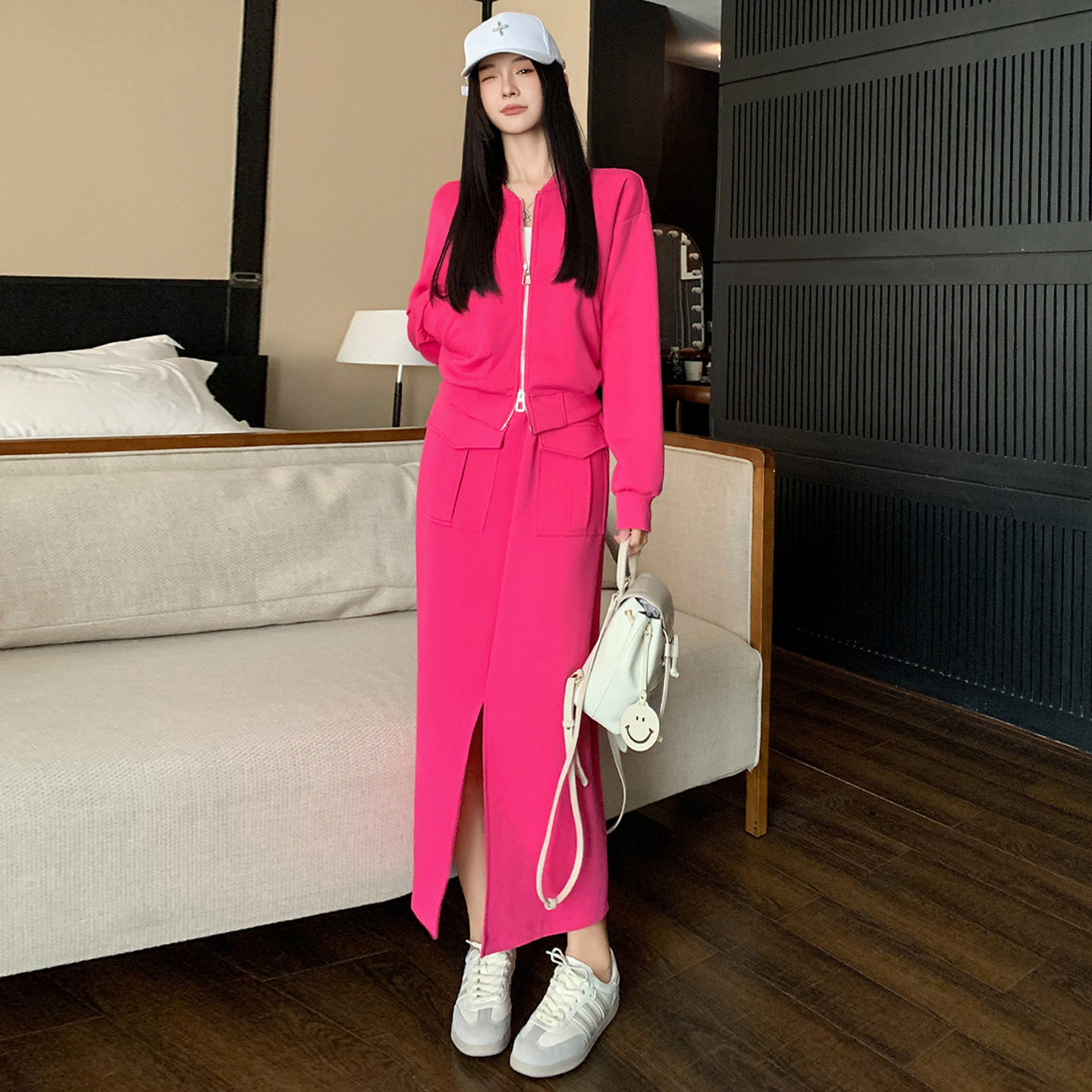 纯色连帽拉链开衫卫衣套装女秋季新款时尚减龄开叉半身裙两件套潮图片