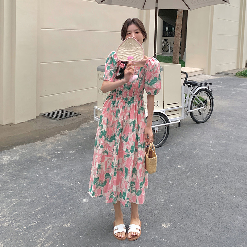 法式气质方领碎花连衣裙女夏2025年新款多巴胺泡泡袖收腰茶歇长裙,女装连衣裙,2C098