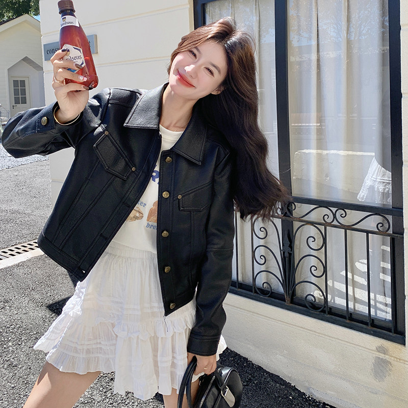 气质短款翻领黑色皮衣外套女春秋2025新款小个子机车服PU夹克超火,女装皮衣,2C122